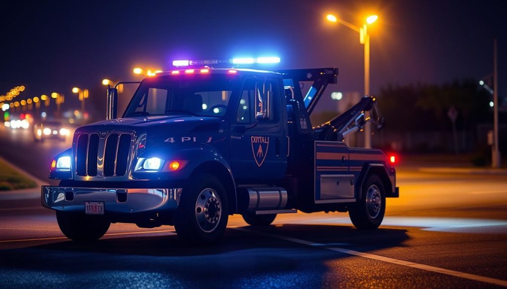 Tow truck providing roadside assistance in Glendale, Arizona at night