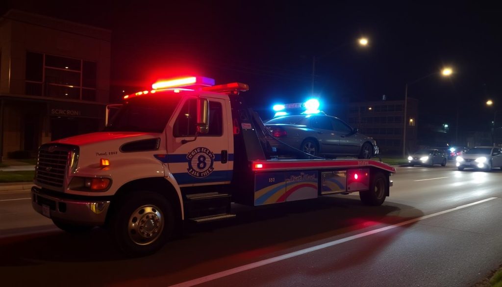 Tow truck providing roadside assistance in Springfield, Missouri at night