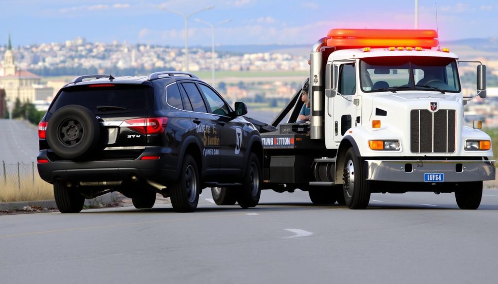 Tow truck providing roadside assistance to a broken-down vehicle in Idaho Falls