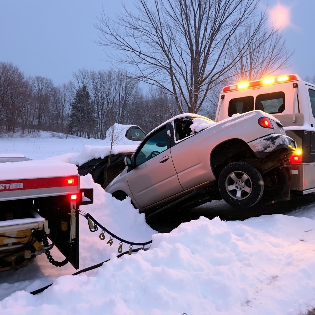 Tow truck winching a vehicle from a ditch after Dayton snowstorm
