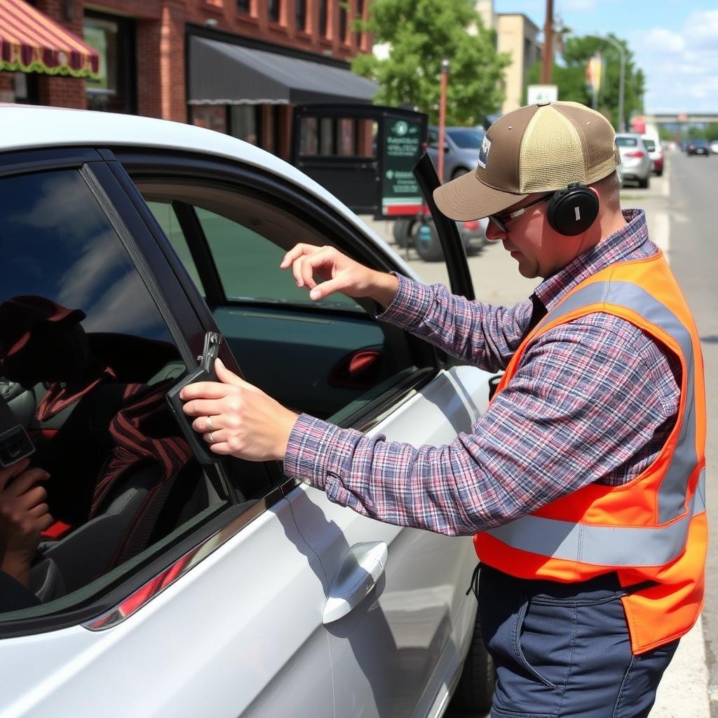 Vehicle lockout service being performed in downtown Jeffersonville