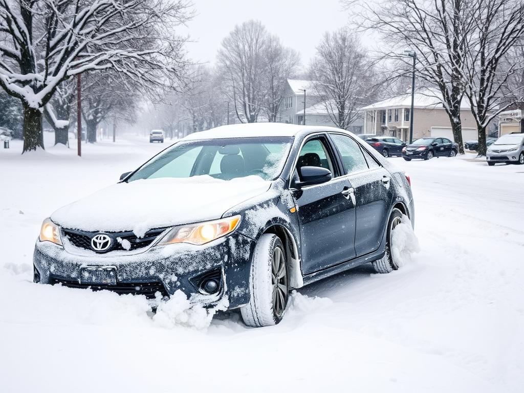 Vehicle stuck in snow during Lombard winter weather conditions