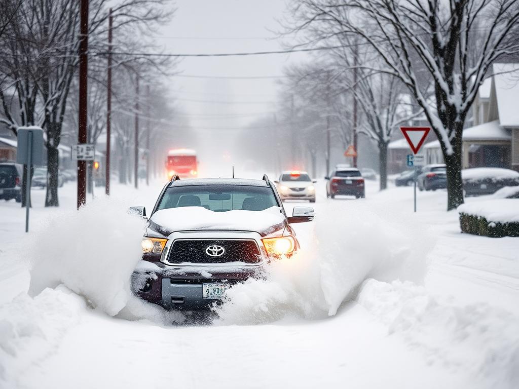 Vehicle stuck in snow on a Dayton street with poor visibility