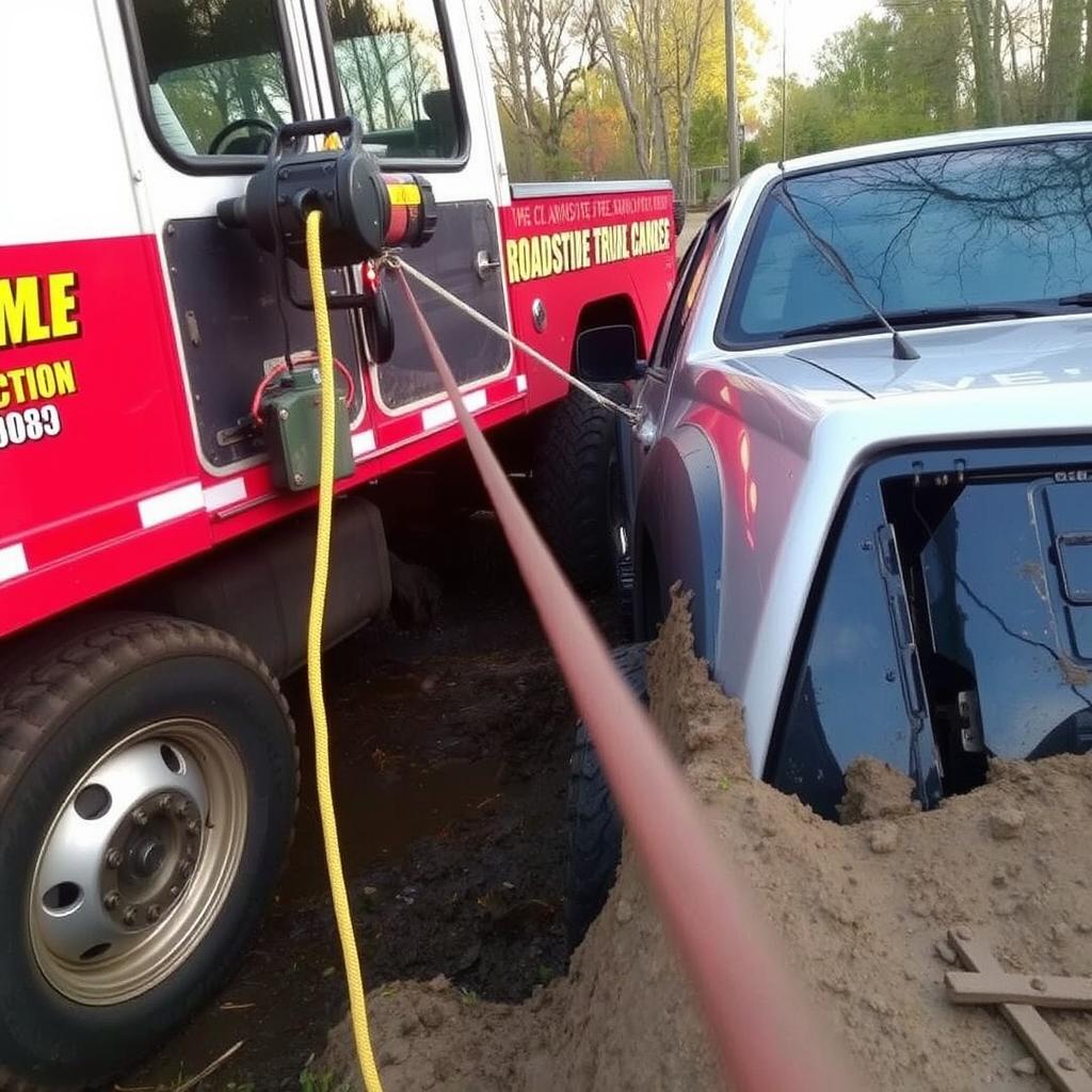 Winch out service rescuing a vehicle stuck in mud in Jeffersonville