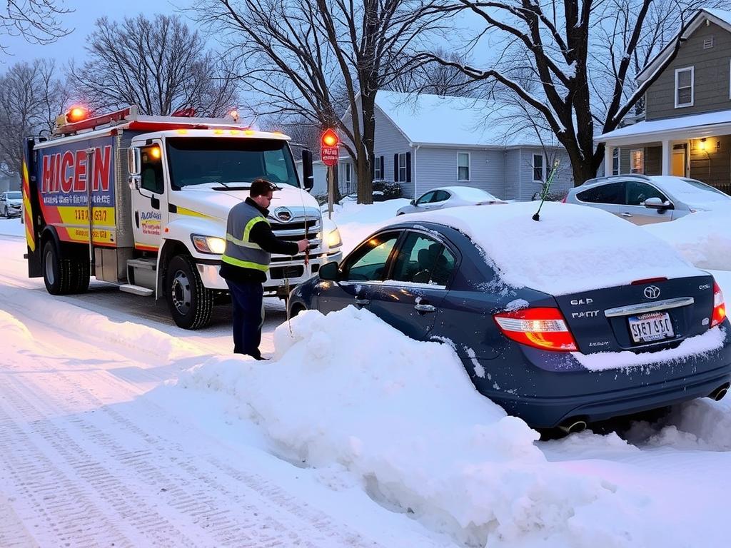 Winch-out service rescuing car from snow in Cleveland
