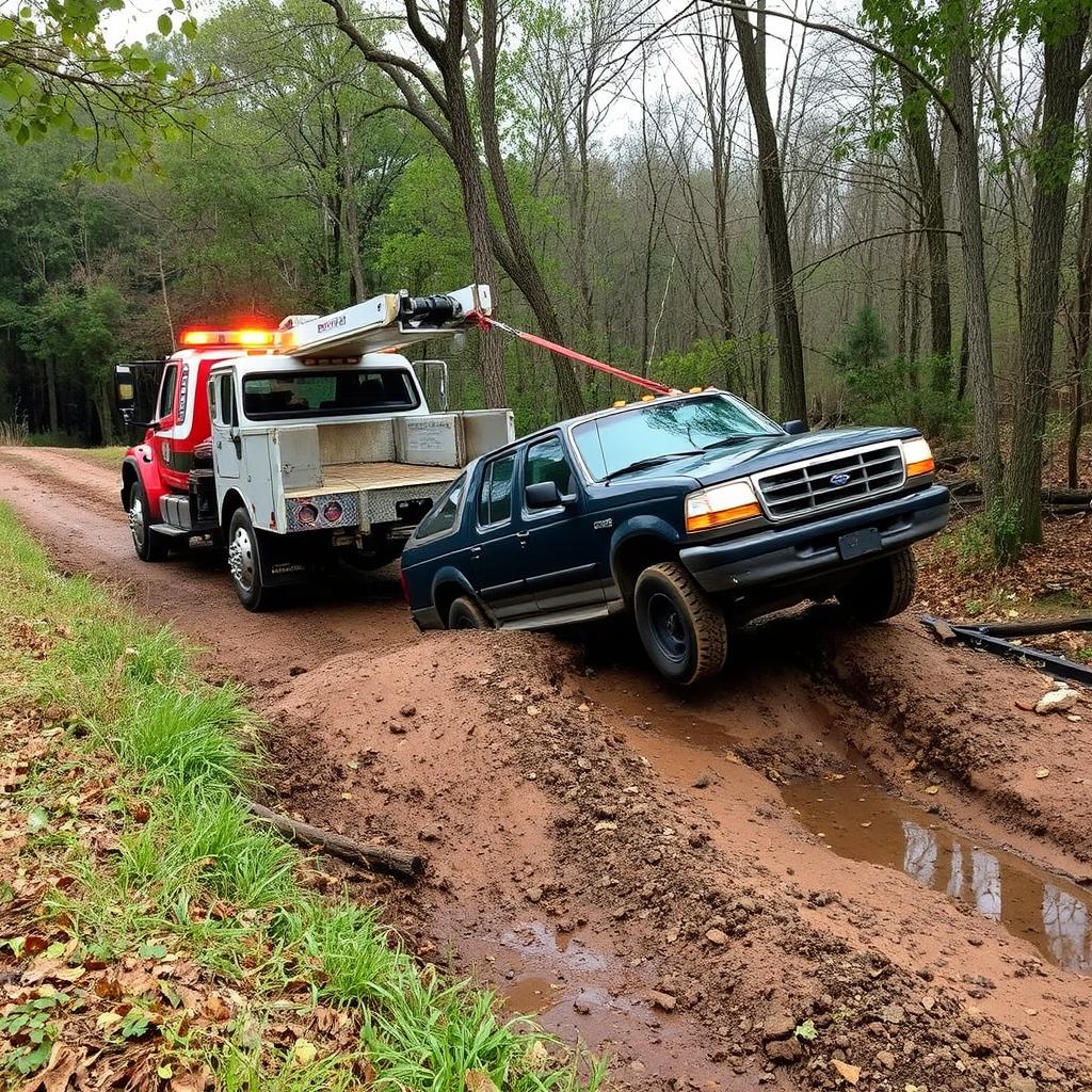 Winch recovery of vehicle stuck off-road near Memphis